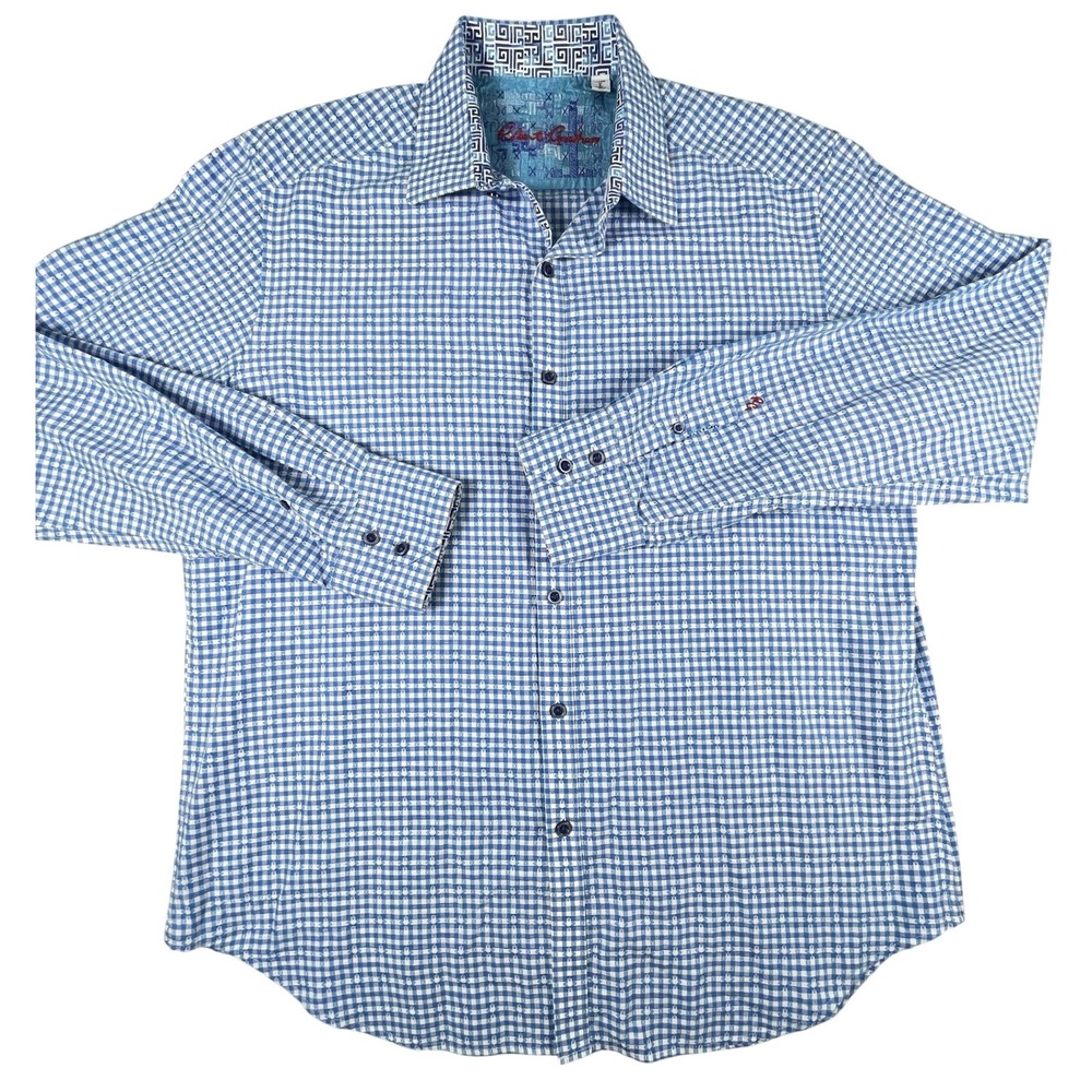 Robert Graham Button Down Men L Blue Gingham Classic Fit Geometric Long Sleeve